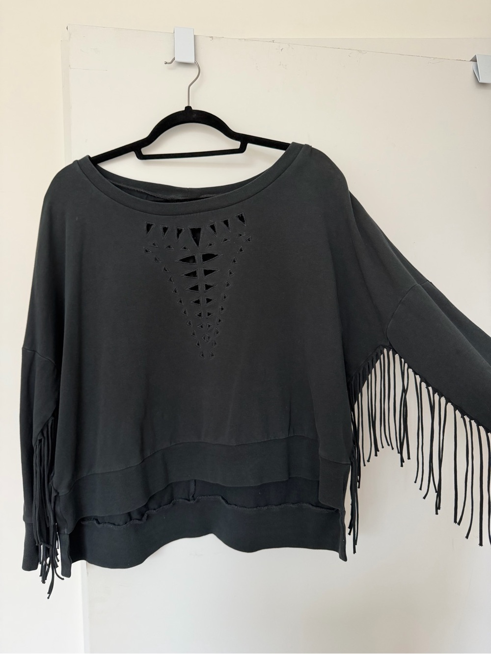 Amuse Society Black Fringe Sweatshirt with Cutout Detail